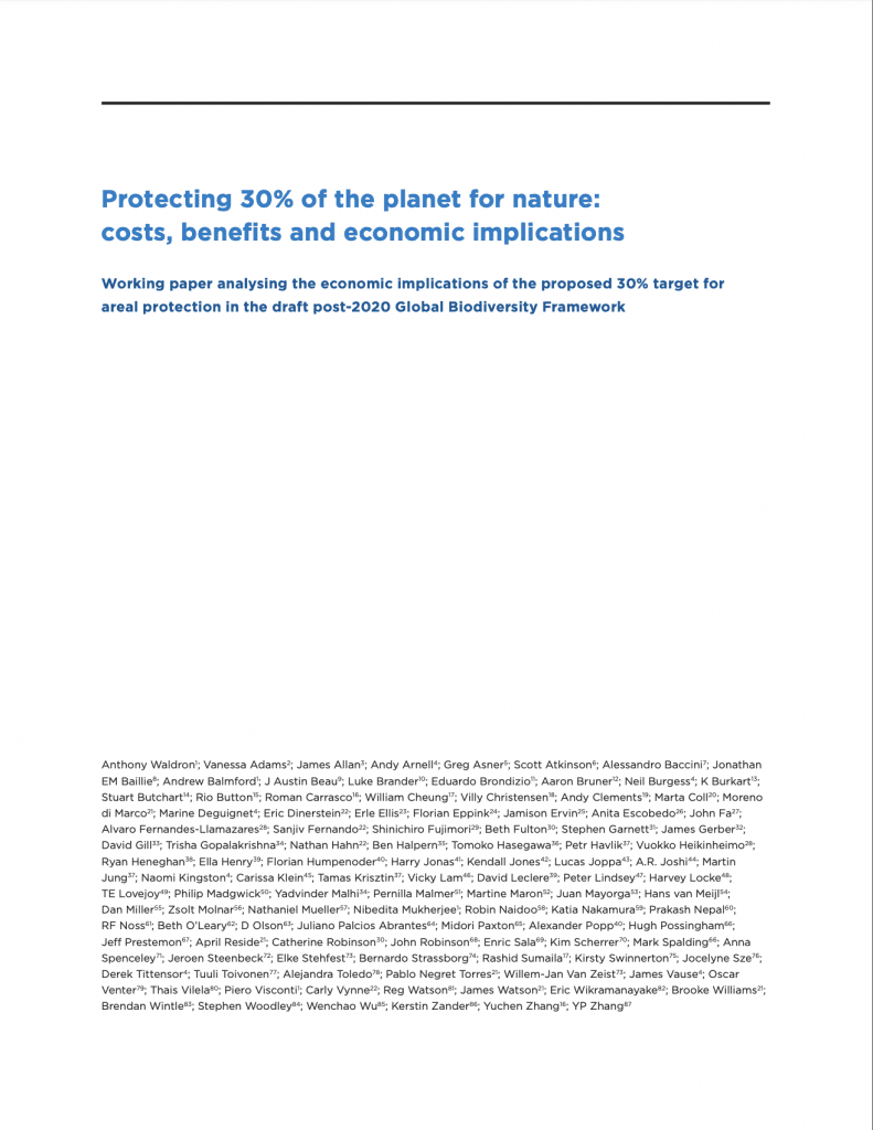 Protecting 30% of the planet for nature: costs, benefits and economic implications